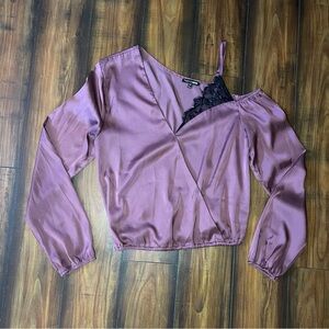 Fashion Nova Satin Plum Wrap Blouse with Black Lace